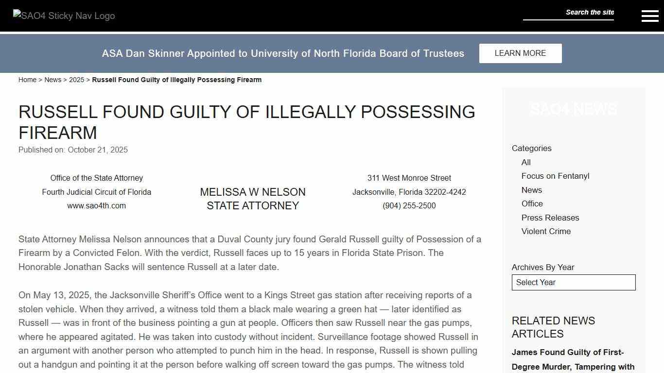 Russell Found Guilty of Illegally Possessing Firearm